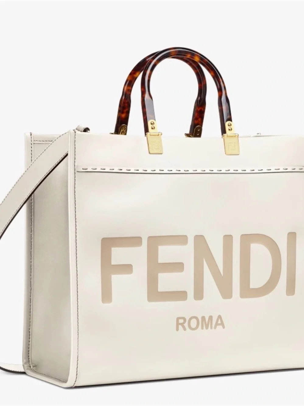 NWT Fendi Sunshine Roma Shopper Leather Tote w Tortoiseshell Handles Gold White - Picture 5 of 7